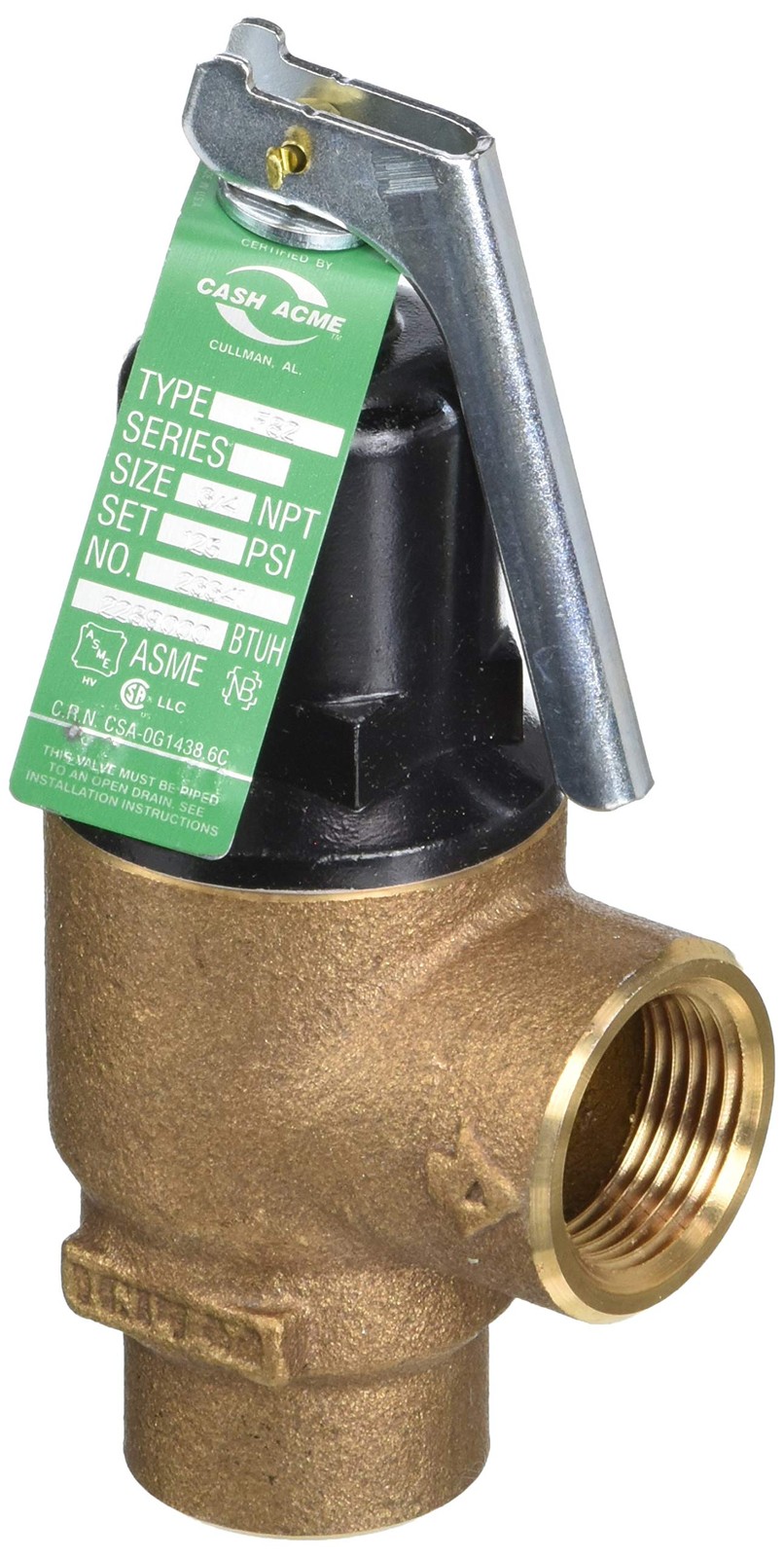 Cash Acme 3/4 Inch F-82 Relief Valve with Lever Set at 125 PSI Bronze Plumbing