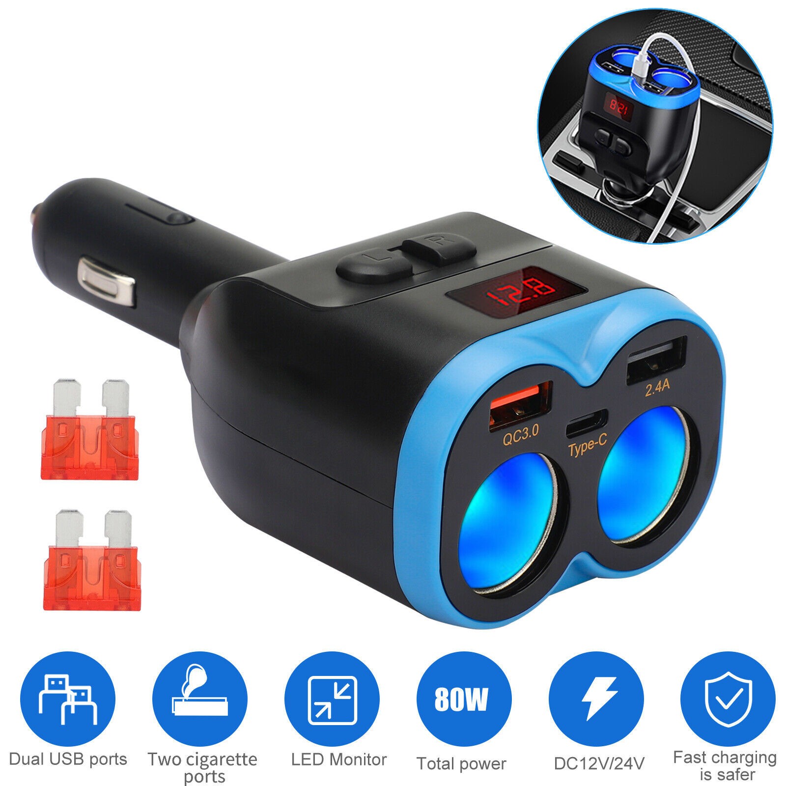 12V Dual USB Charger Power Adapter Car LCD Cigarette Lighter Socket Splitter