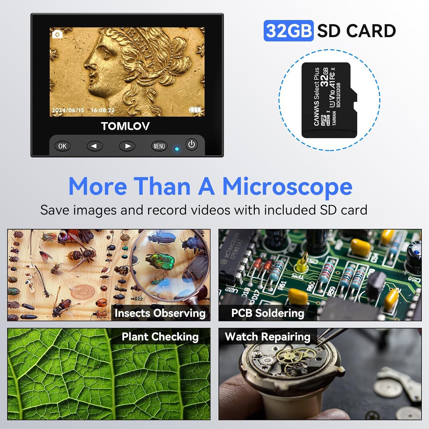 TOMLOV 4.3“ LCD Digital Microscope Coin Microscope 12MP Camera for Collector