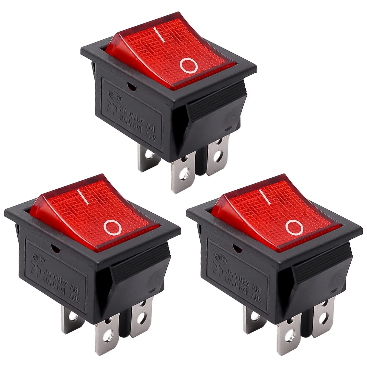 3pcs Ac110v/120v Rocker Switch Dpst Onoff 4 Pin Red Light Illuminated Snapin Tog