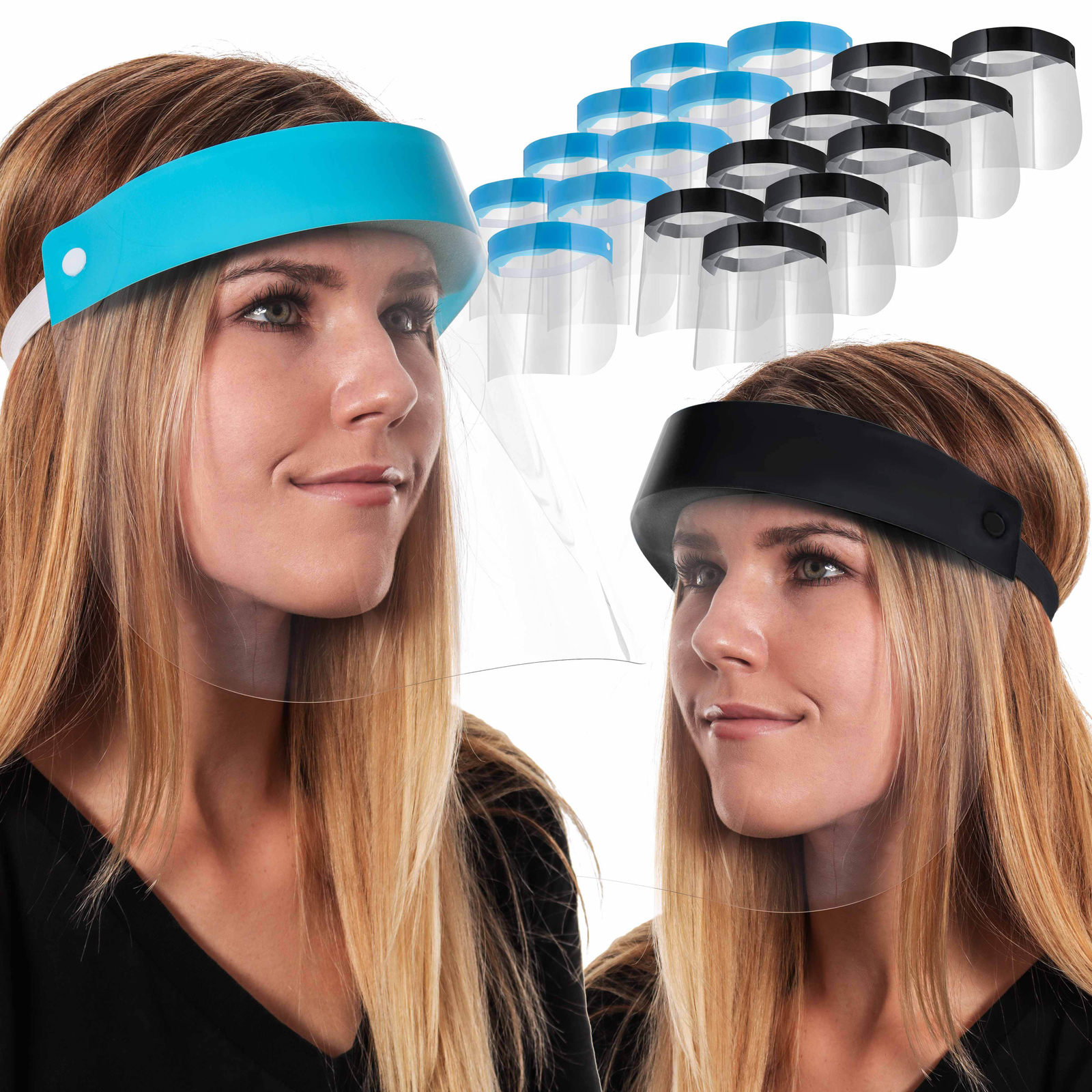 100 Black & 100 Blue Face Shields Clear Protective Full Face Shields, Anti-Fog