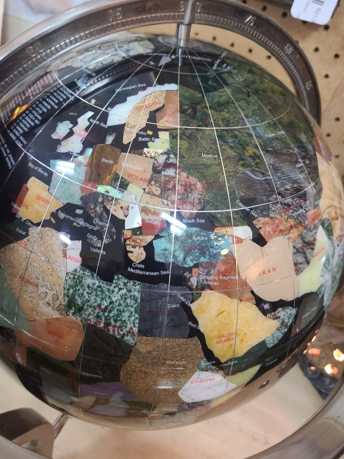 Alexander Kalifano 18" Semi Precious Gemstone Globe Brass Stand With compass