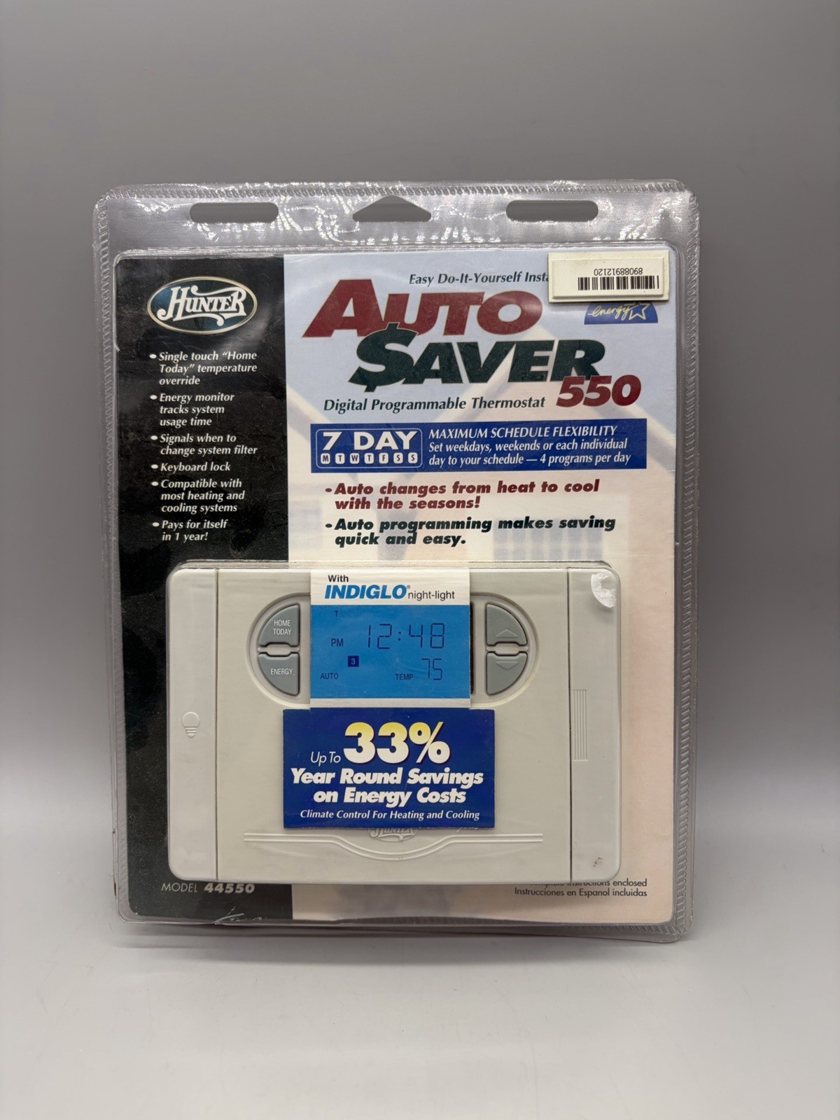 Hunter AutoSaver Model 44550 7 Day Digital Programmable Thermostat Heat Cool