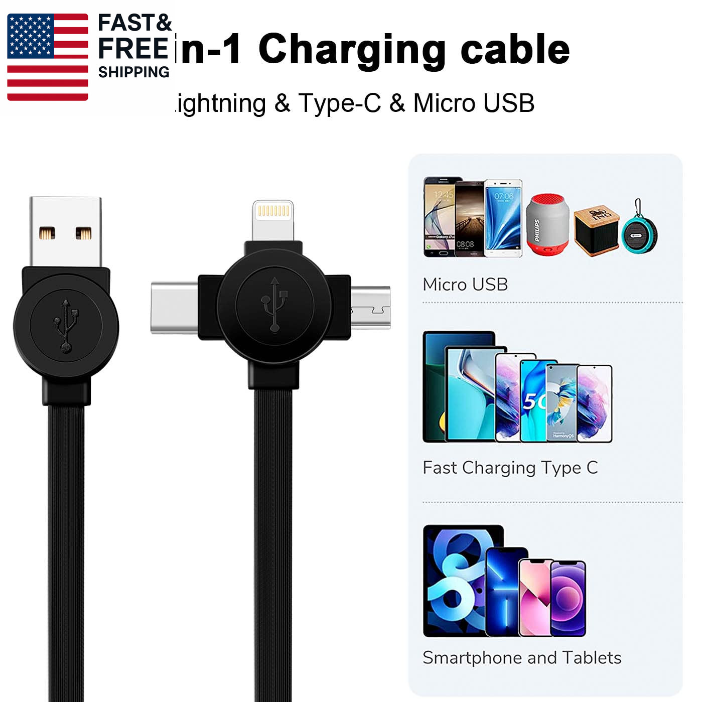 2Pack Multi Charging Cable, 3 in 1 Retractable Multiple Charger Cable, Fast Char