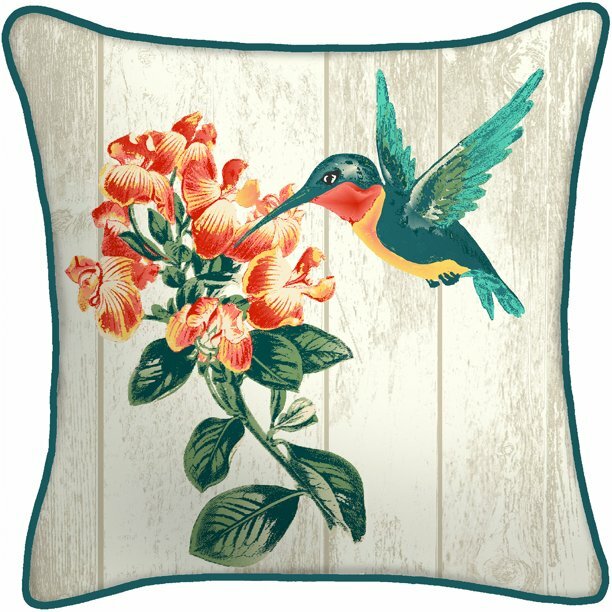 HUMMINGBIRD Outdoor Pillow 16" FLOWERS White Teal Indoor Outdoor Pillows NEW USA