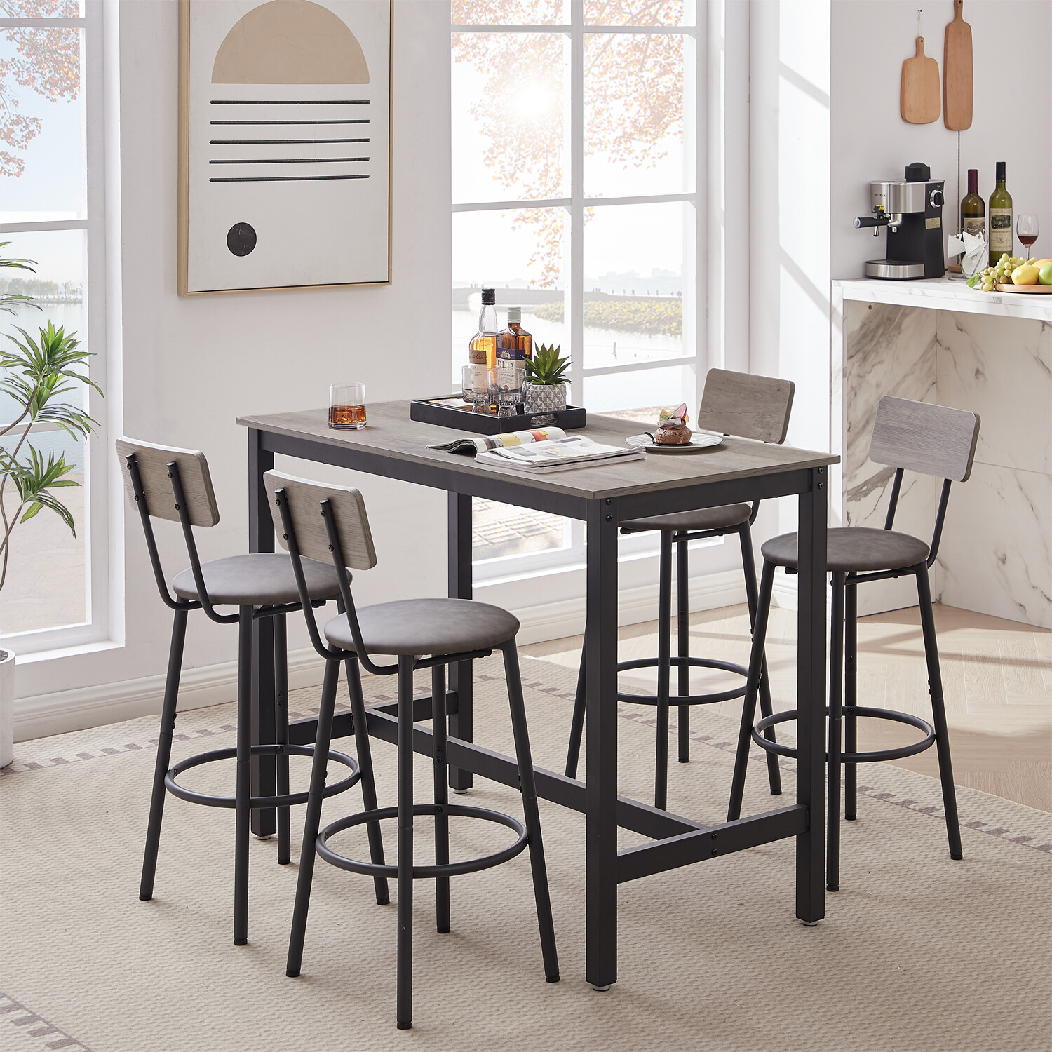3/5 Piece Bar Table Set Counter Height Kitchen Dining Pub Table with Bar Stools