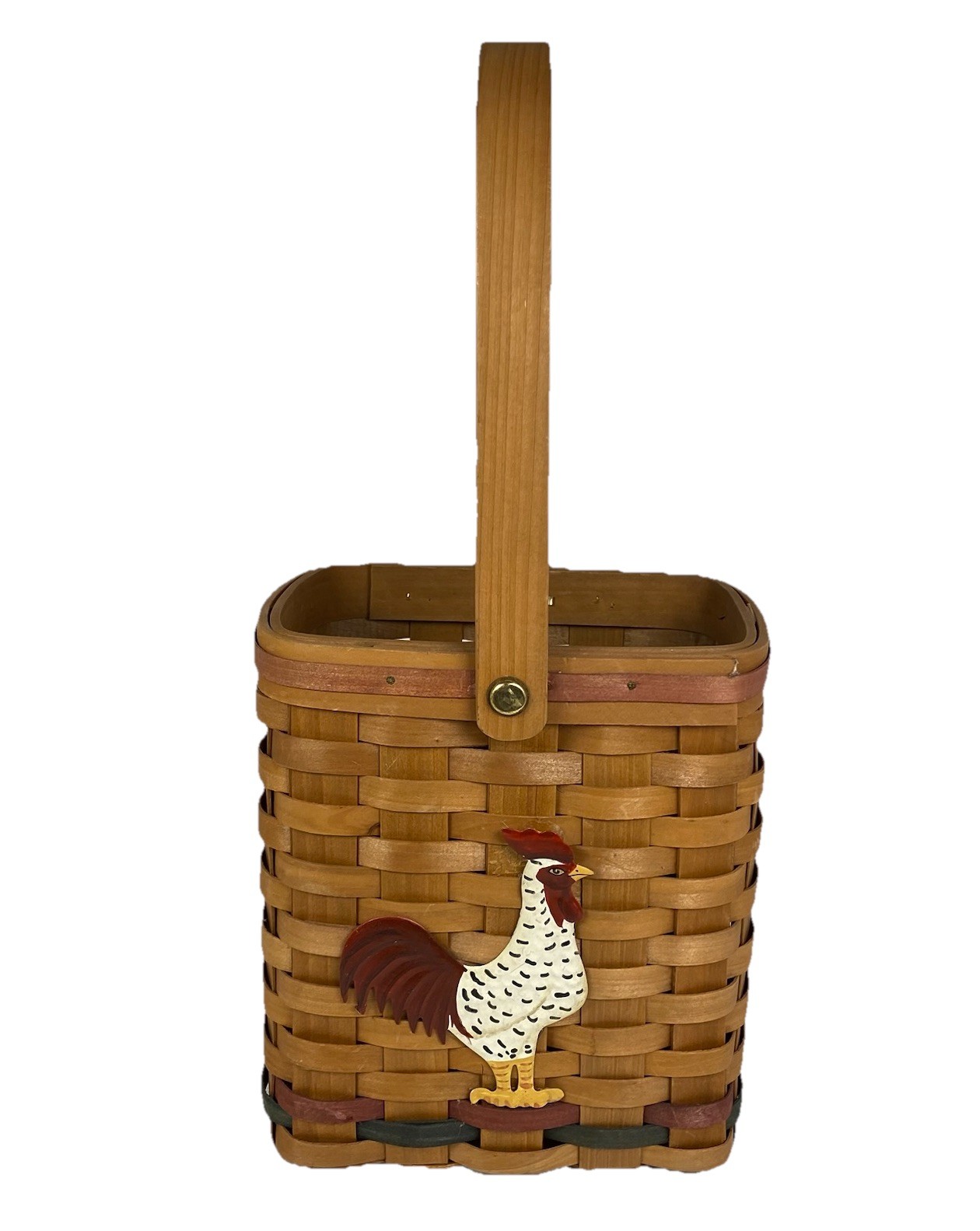 VTG Country Woven Basket w/Rooster Decor On Front w/handle