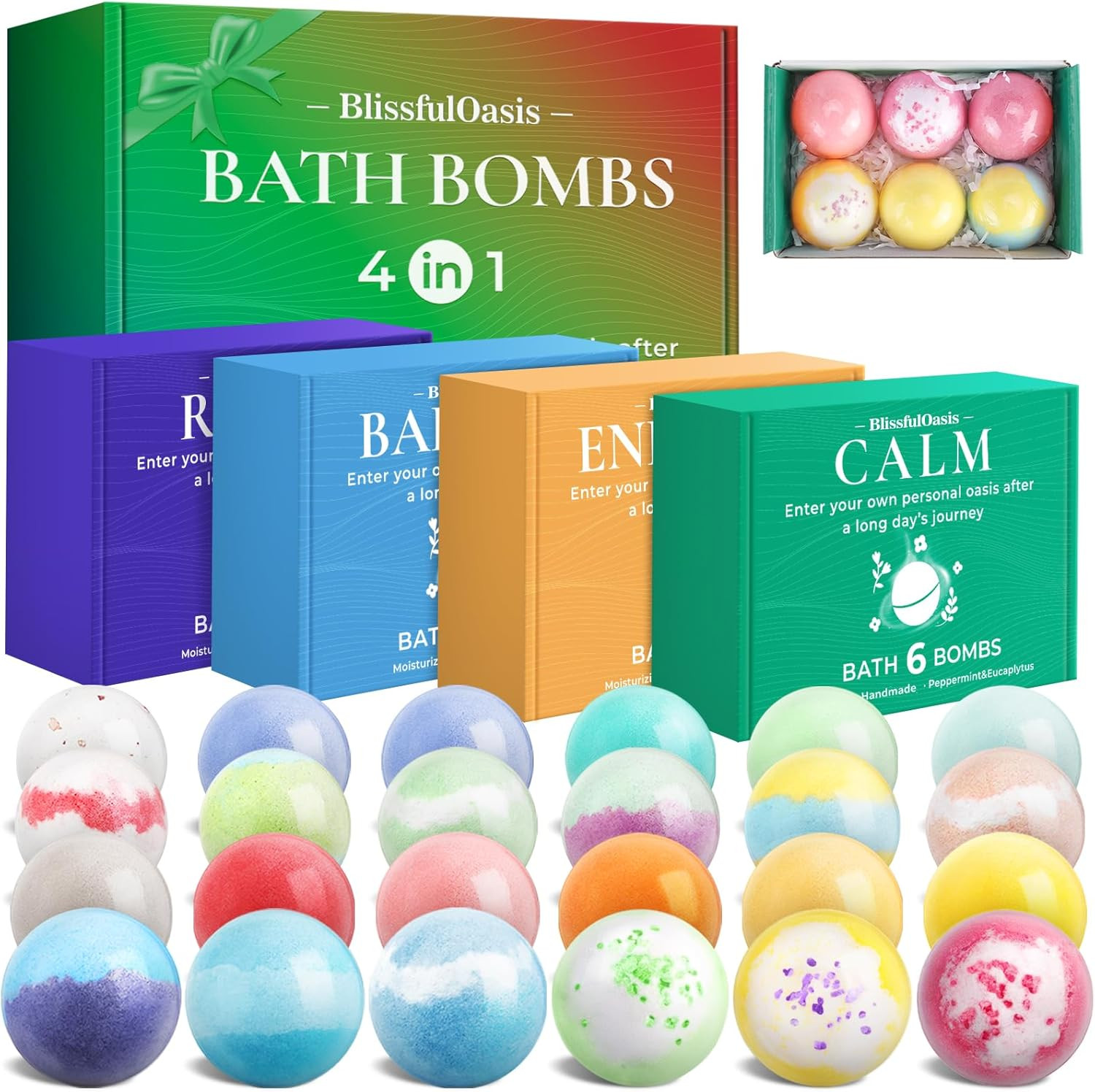 BlissfulOasis Bath Bombs Set, 24 Pcs Shower Bombs with 6 Refreshing Scents, Perf