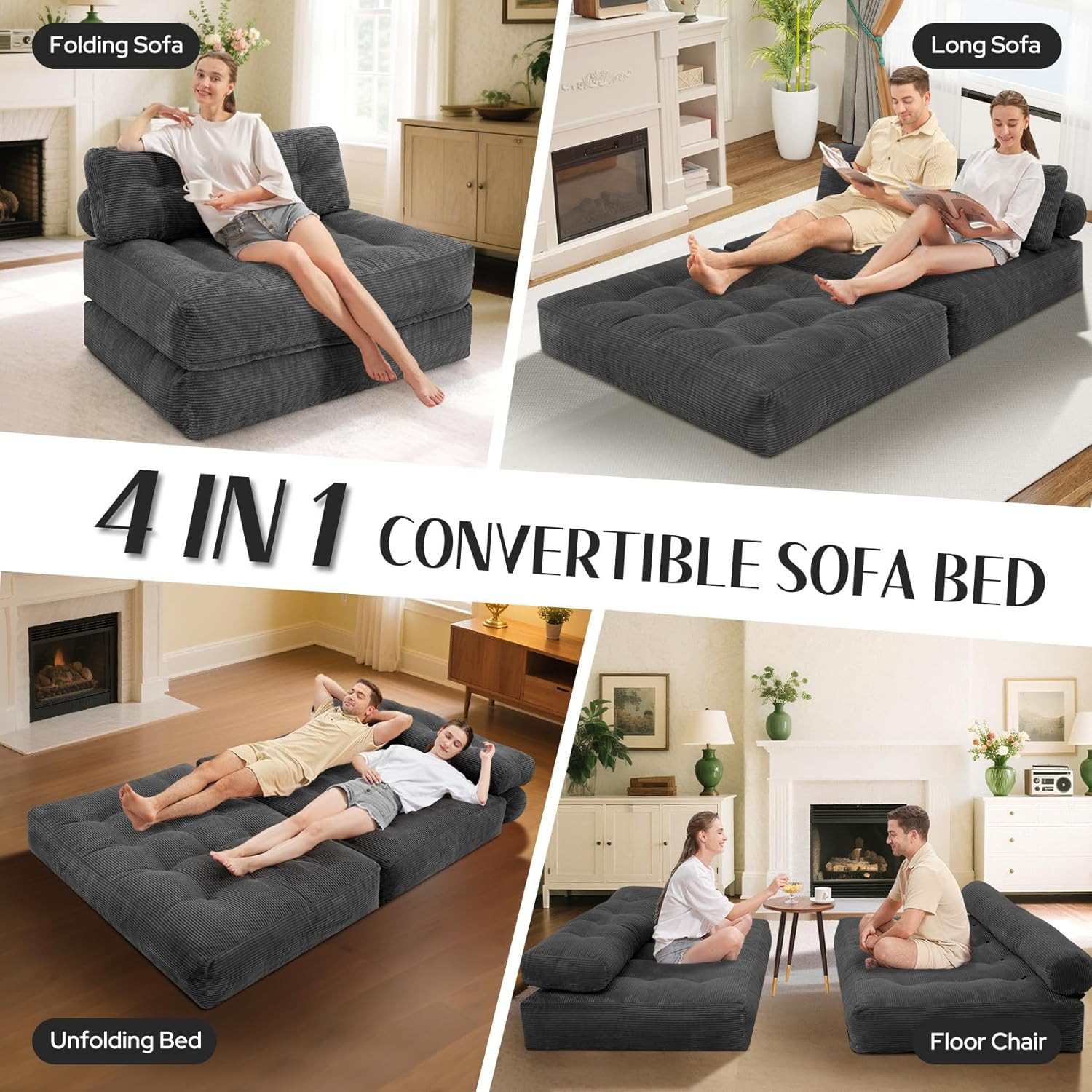 Folding Sofa Bed, Foldable Floor Sofa Lounge W/Dual-Pillow & Handle, Convertible