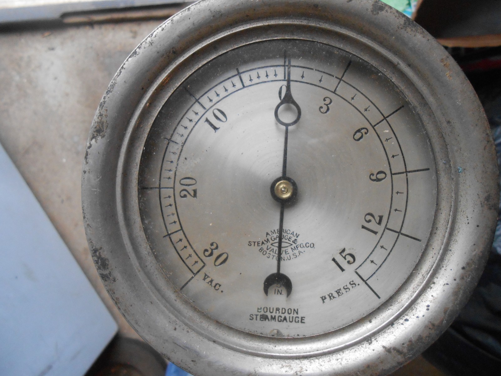 VINTAGE STEAM GAUGE-AMERICAN STEAM GAUGE--NICKLED FACE-CAST IRON BODY BRASS RING