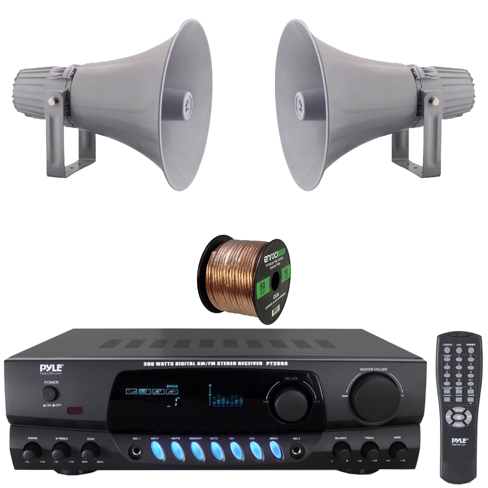 Pyle AM/FM Receiver, 2x 12.7'' 60W RMS Indoor/Outdoor PA Horn Speakers, Wire