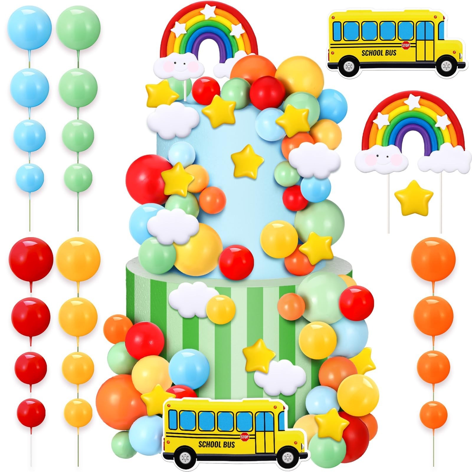 68 Pcs Rainbow Cake Toppers and School Bus Topper Kit Colorful Balls Cake Dec...