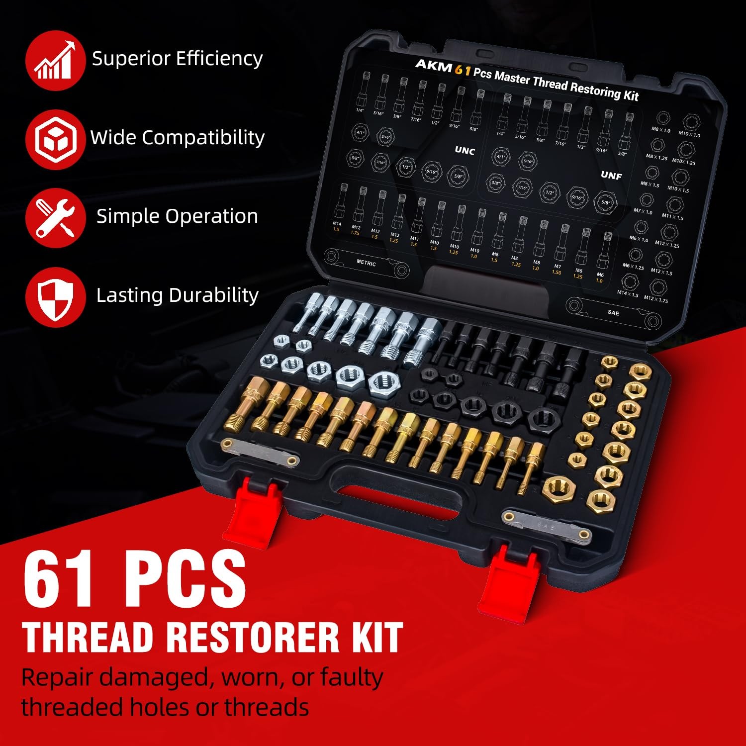 AKM 61Pcs Thread Restorer Kit, Rethread Repair Tool, UNC UNF & MetricThread...