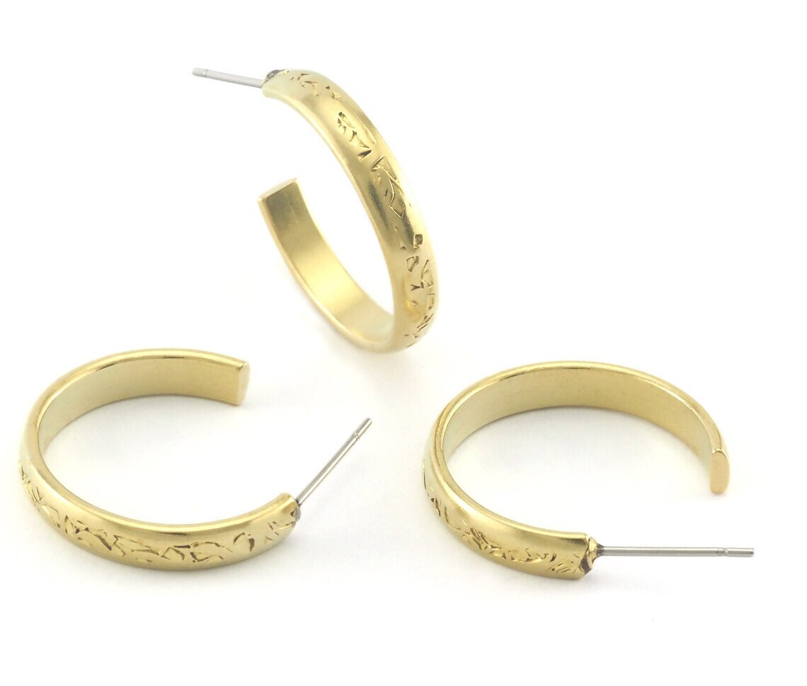 1 pair Hoop textured symbols round bar Earrings stud base raw brass 23mm 4209