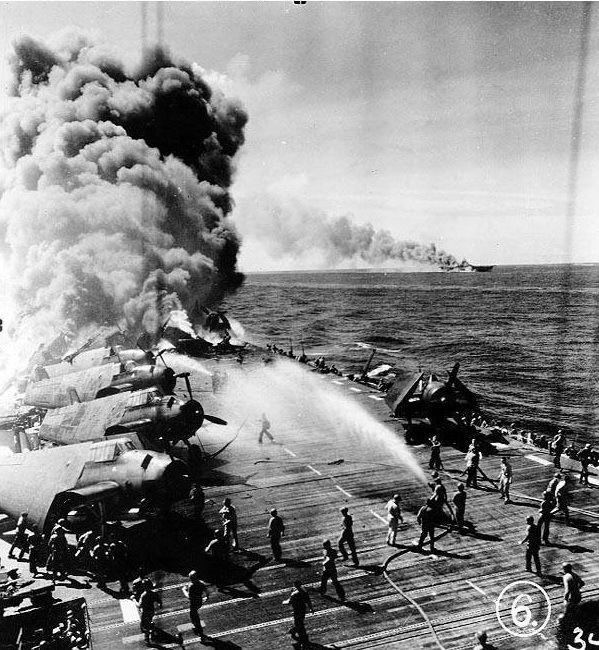 WWII Photo USS Belleau Wood on Fire Leyte Gulf  World War Two WW2 B&W / 7104