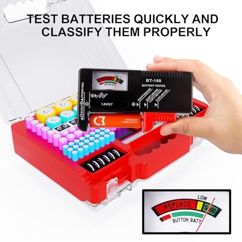 Battery Organizer Storage Case with Tester, Ultra-Large 265+ Double-Sided Red