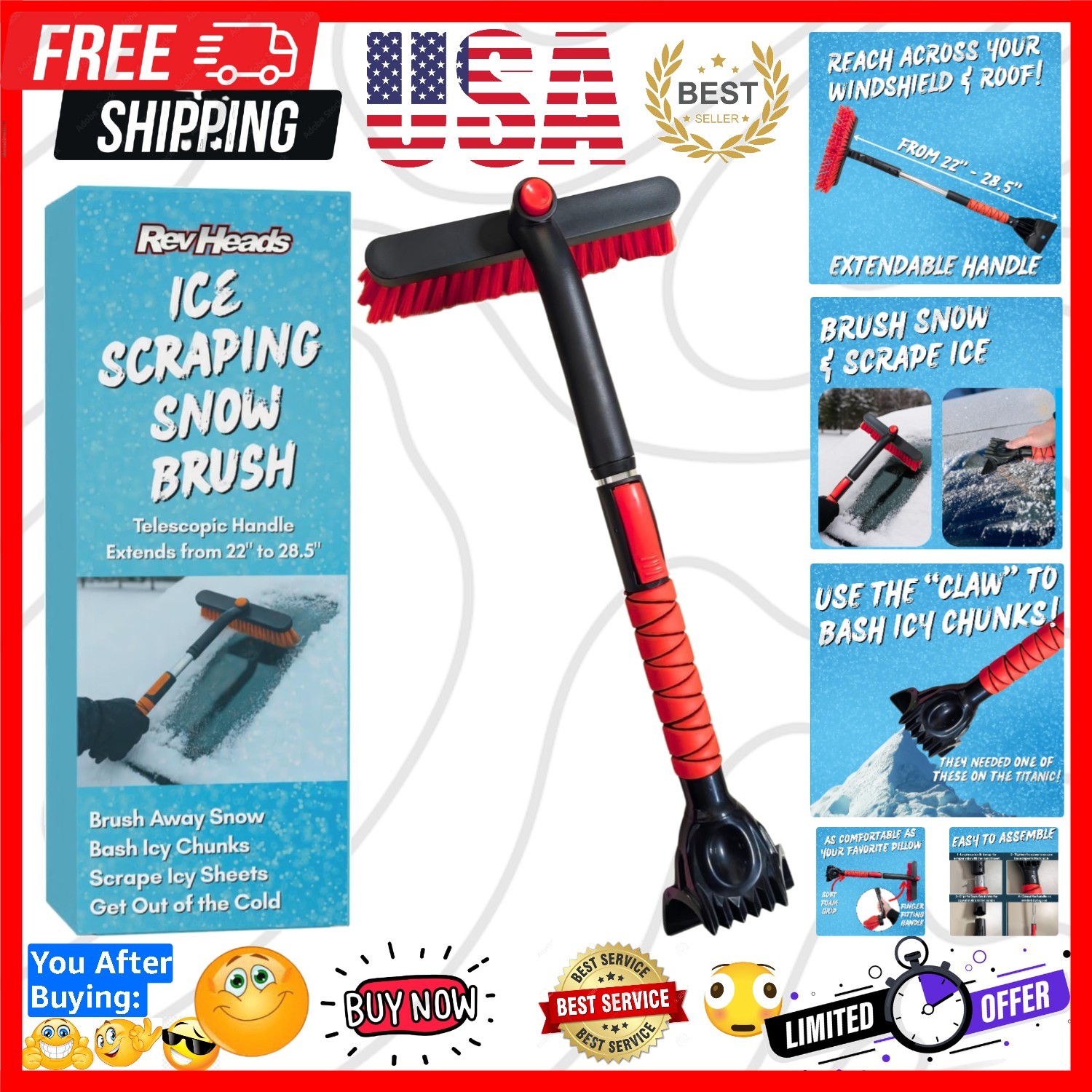 Ice Scraper for Car Windshield with - Telescopic Handle to 28" - Brush End to...