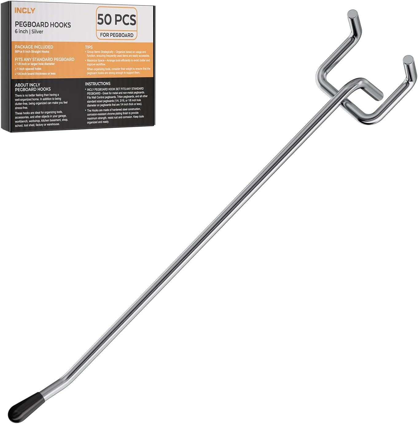 50 Pack Pegboard Hooks, 6 Inch Metal Peg Board Shelving Hooks Accessories, Peg B