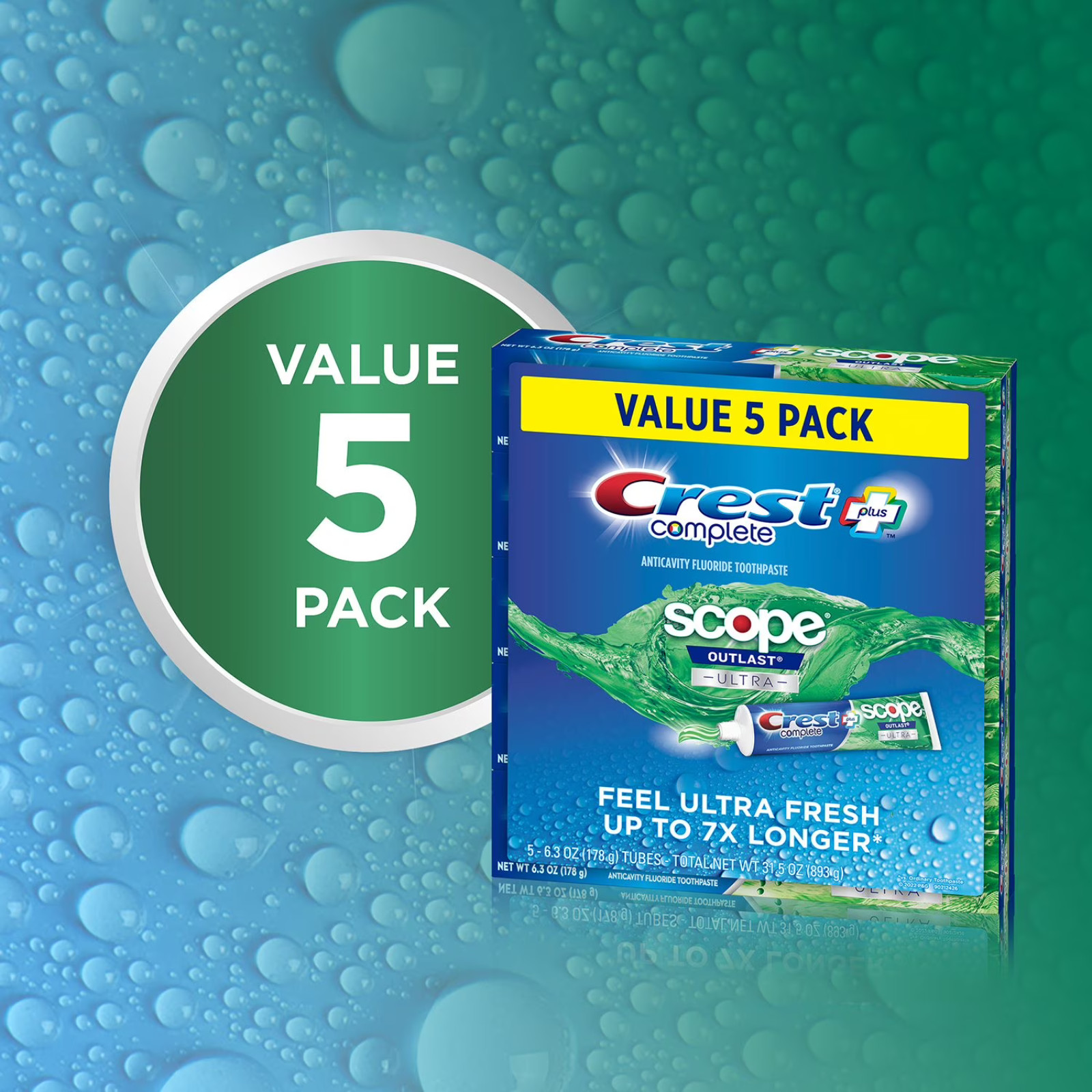 Crest Complete Plus Scope Outlast Ultra Toothpaste 5 Pack 6.3oz Tubes Mint New