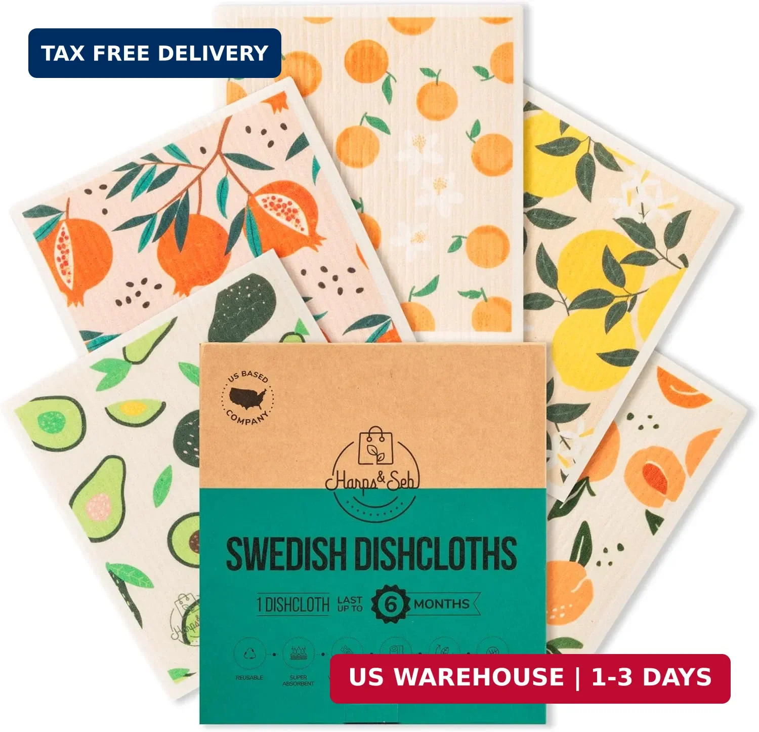 Harps&Seb Swedish Dishcloths for Kitchen Dish Towels - 5 Pack, Non-Scratch Reusa