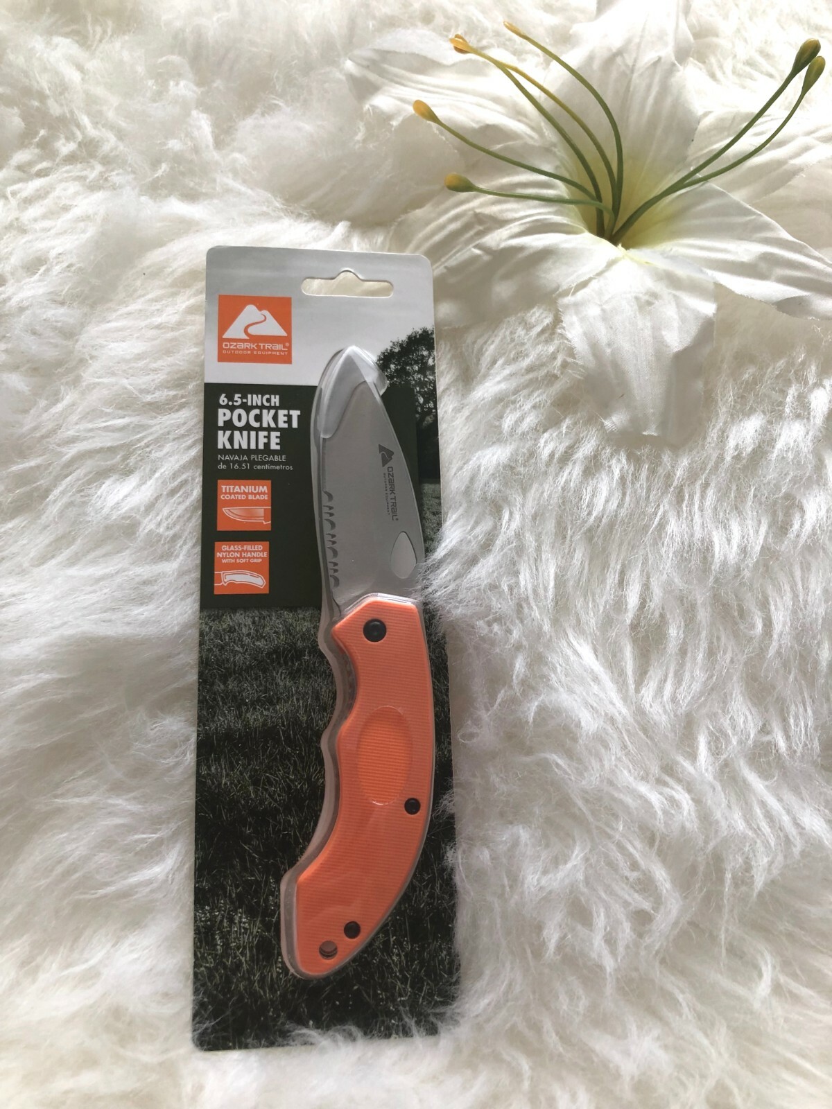Ozark Trail 6.5 Inch Folding Titanium Coated Blade Pocket Knife Orange Nylon Hnd
