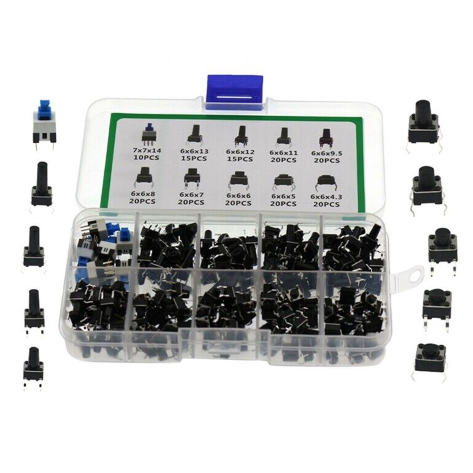 180pcs 4.3-14mm 10 Type 6X6 Light Touch Tactile Push Button Switch Assortment