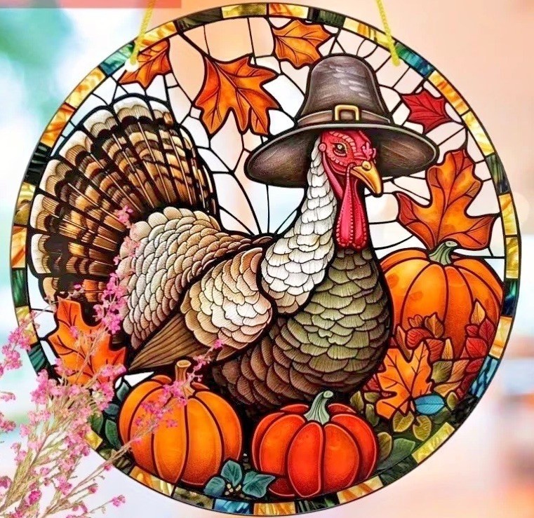 2D Flat ACRYLIC TURKEY WITH PUMPKINS Suncatcher  8" Free Shipping