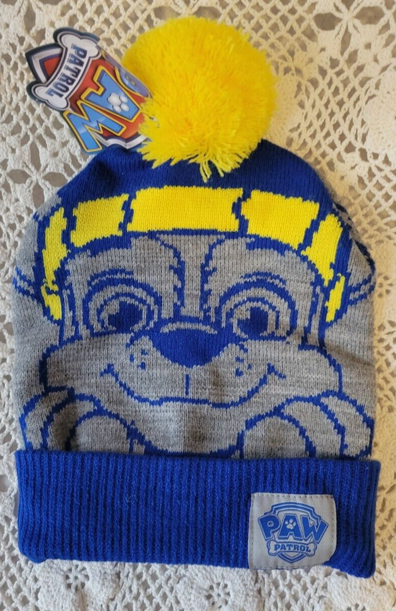 Youth Paw Patrol Blue and Yellow Cuffed Knit Hat Pom One Size Fits Most New