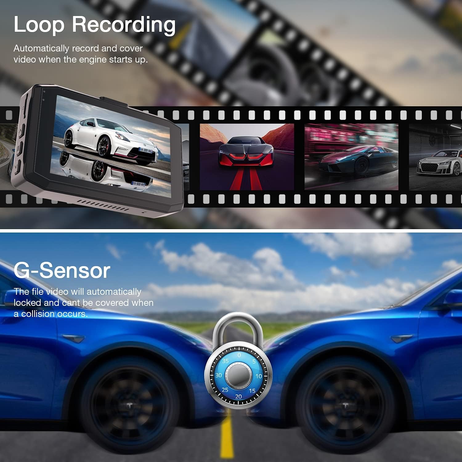Dash Cam 1080P Front and Rear Camera Loop Recording G-Sensor 24 Hours Parking