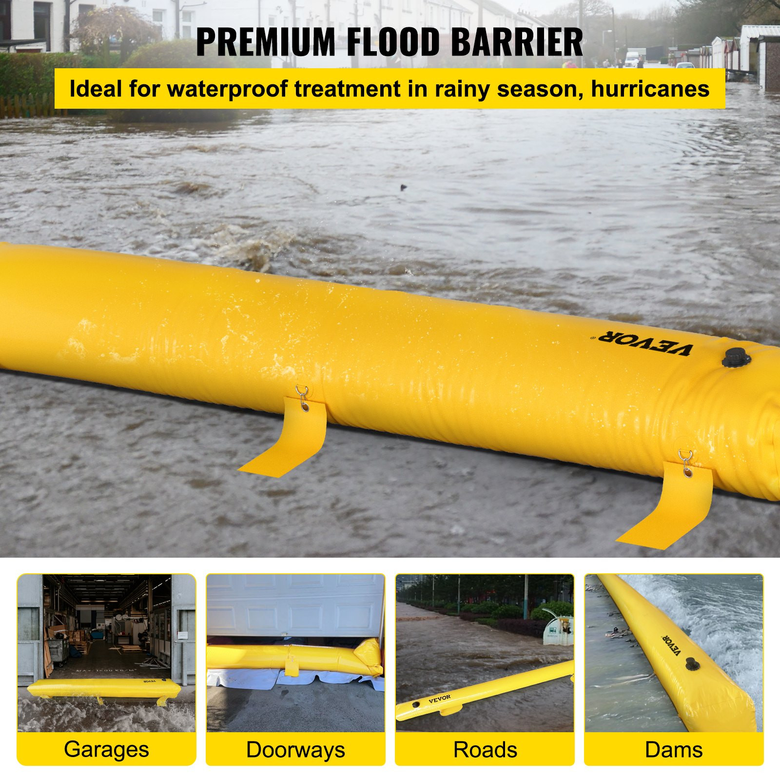 Flood Barrier, 24 ft Length x 6 in Height Sandbag Alternative, Garage
