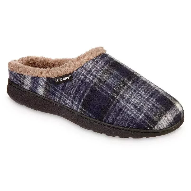 Isotoner Men's Plaid Hoodback Slipper, Navy Blue, Sz Large (9.5-10.5)