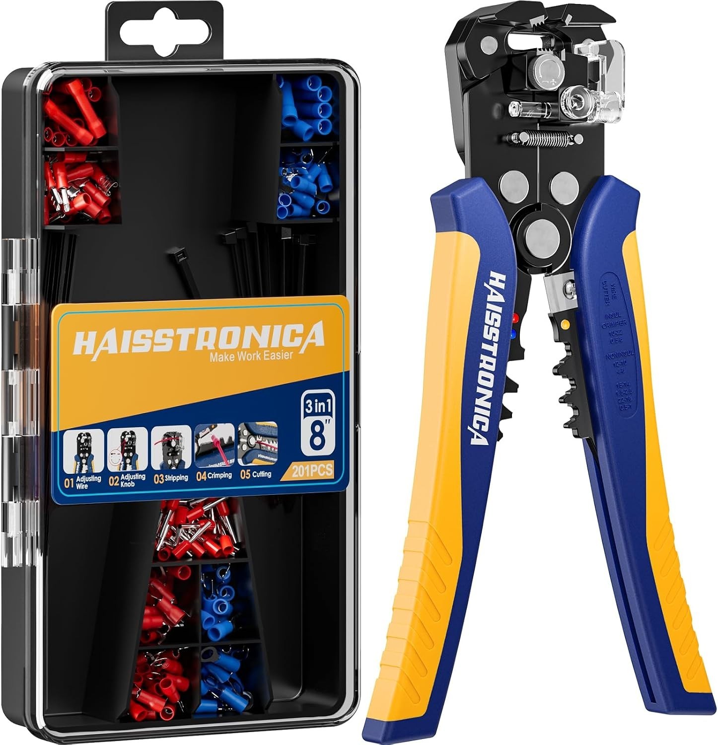201Pc Automatic Wire Stripper Kit Self Adjusting Crimper Tool Terminals Zip Ties