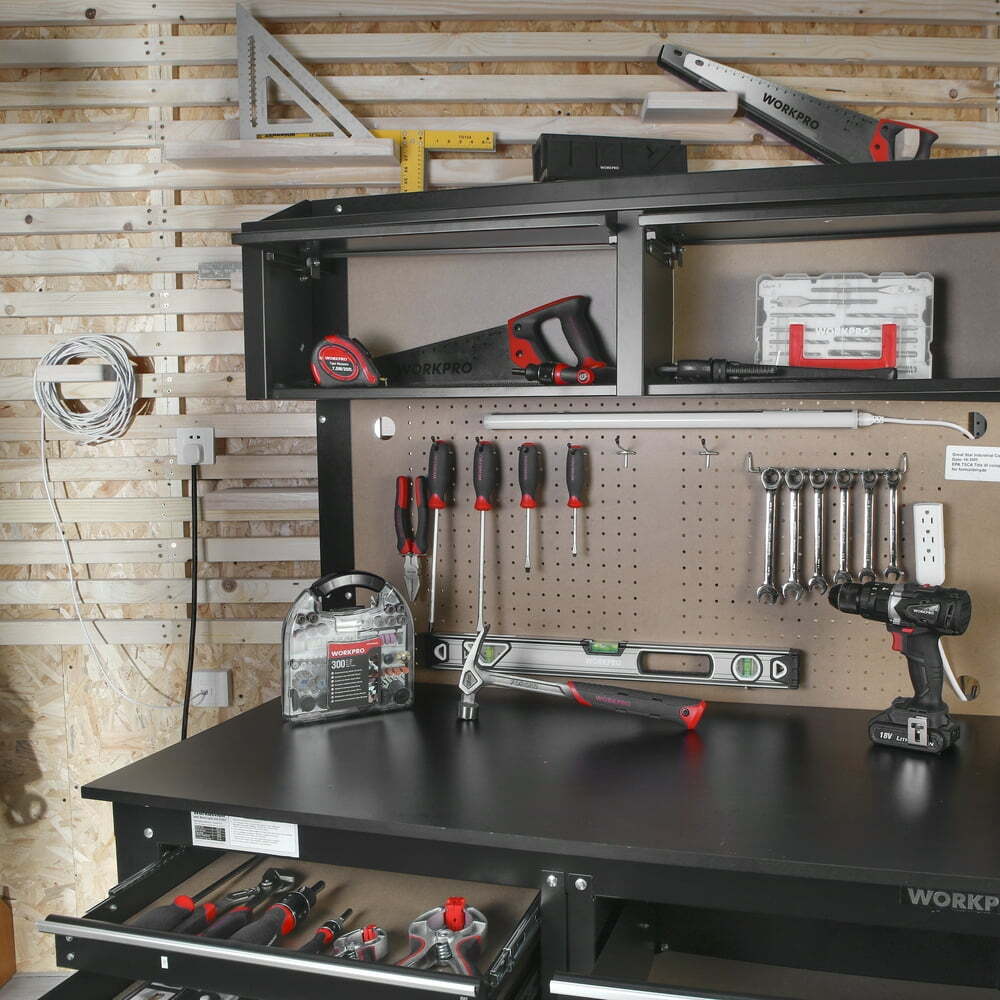 Workbench Cabinet Combo w Light 4" Tool Work Bench Steel Table Storage Garage