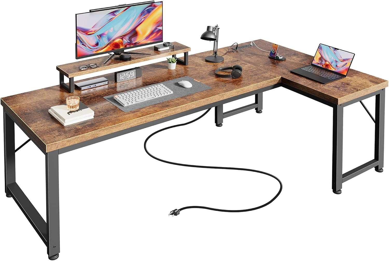 53" L Shaped Computer Desk, Outlets, Monitor Stand, Rustic Brown | USB-C Ports,