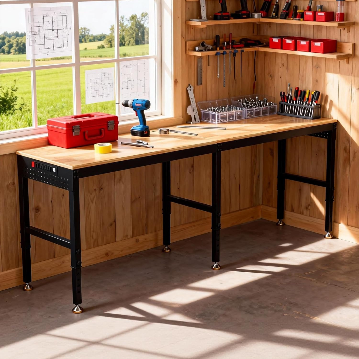 Betterhood 96" Adjustable Workbench, 5000 LBS Heavy Duty Work Table with Power O