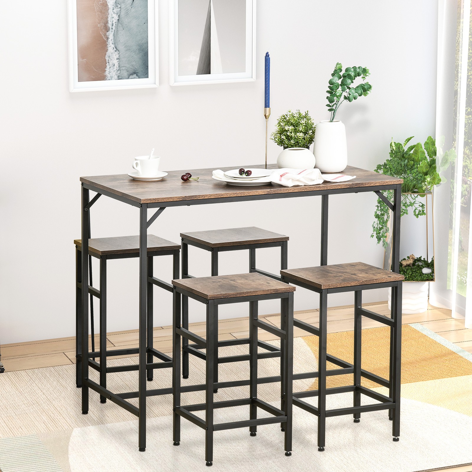 5-Piece Industrial Dining Table Set, Bar Table & 4 Stools Set, Space Saving