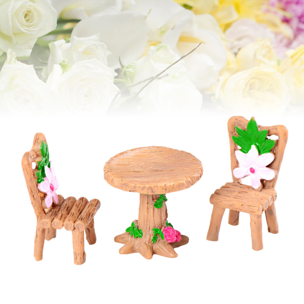 Succulent Plant Ornament Wooden Table & Chair Set Resin Craft Dollhouse Decor