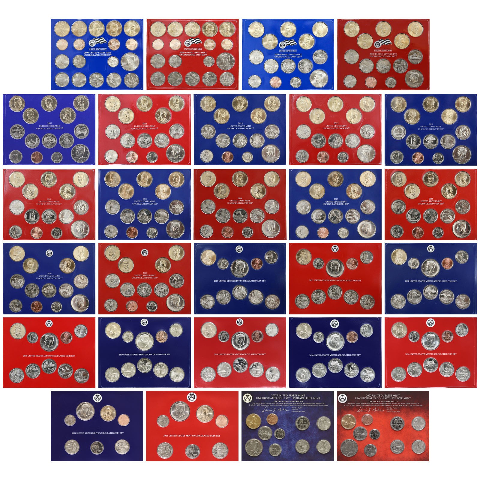 2009-2022 Mint Set Run Original Envelopes 14 Sets 344 Coins
