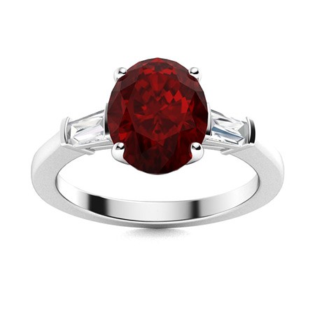 Three Stone 7x5mm Oval Garnet Women Ring 925 Sterling Silver Baguette Side Ring