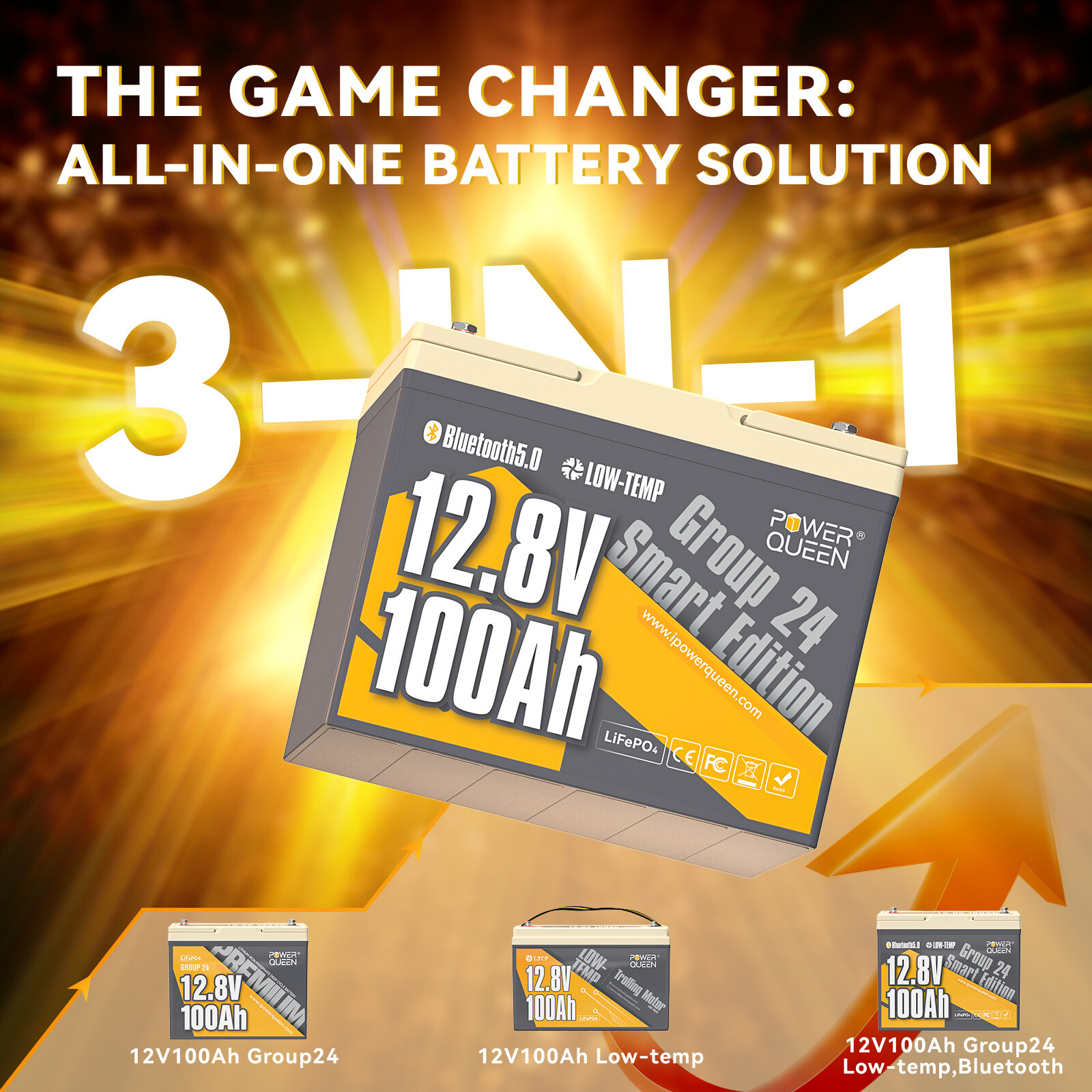 Power Queen 12V 100Ah Smart Bluetooth Group 24 LiFePO4 Battery for Solar RV Boat