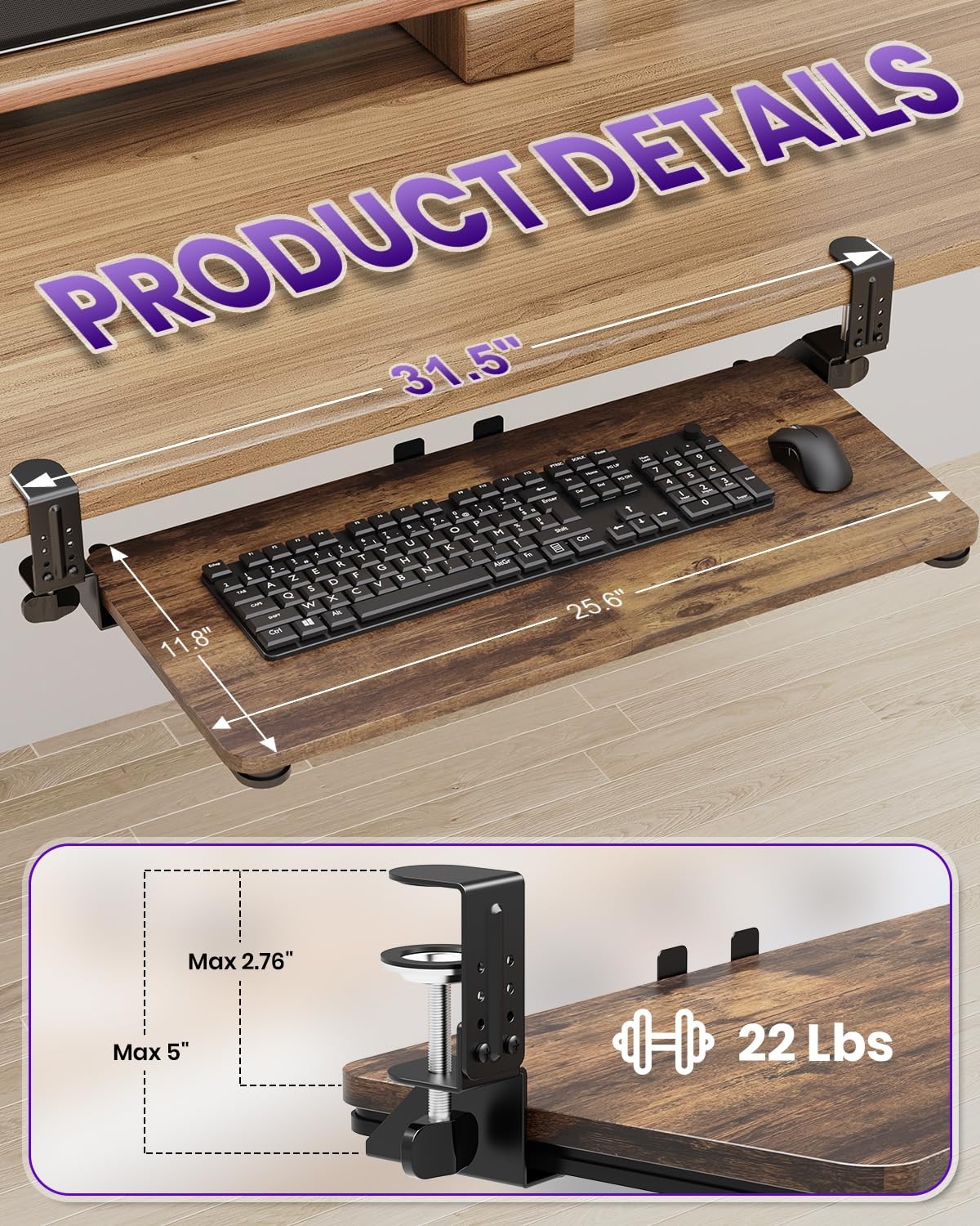 Ergonomic Keyboard Tray Under Desk, Pull Out with Adjustable -clamp, 25.6 (31...