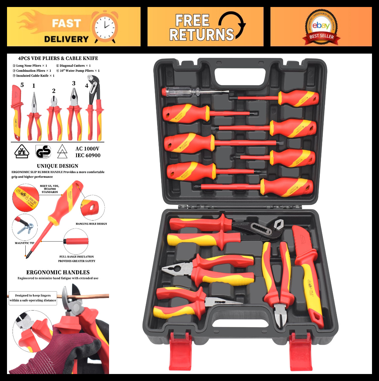 13-Piece Insulated Electrician Tool Set - 1000V Screwdrivers, Pliers & Cable Kni
