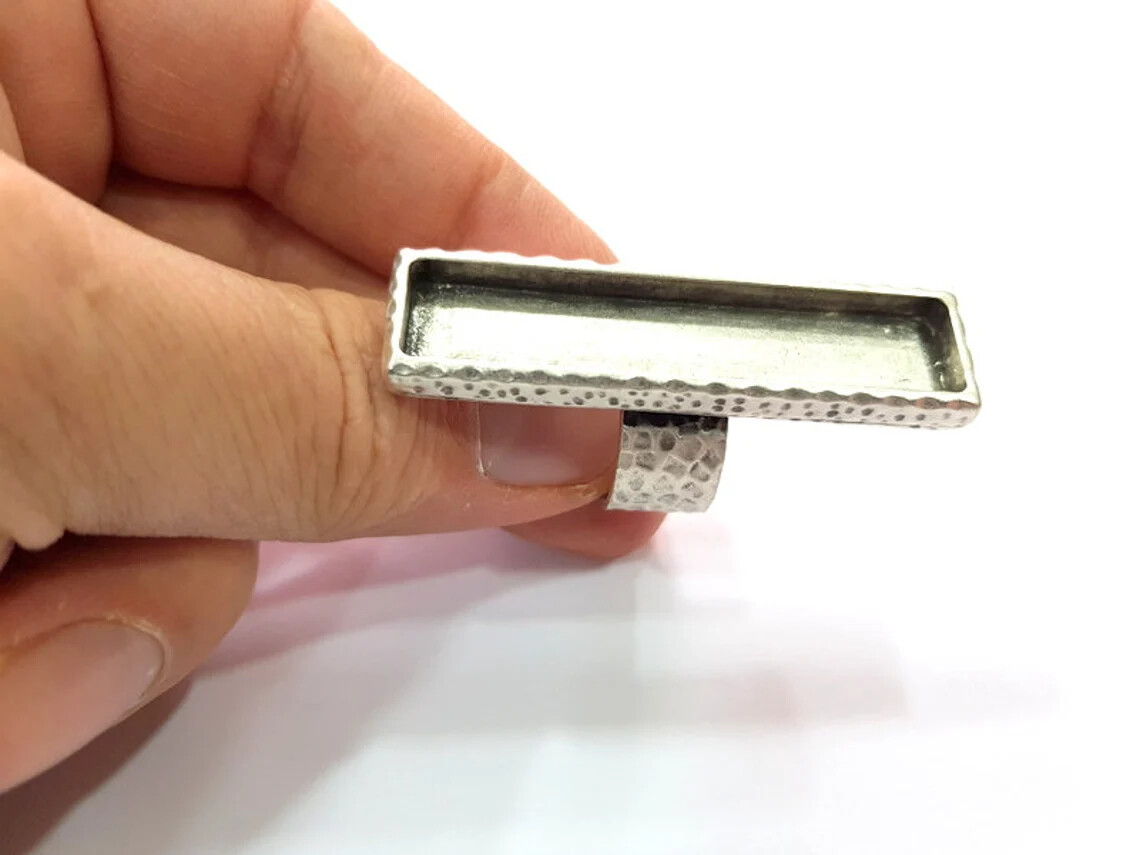 Rectangle Blank Hammered Ring Setting Base Bezel inlay Backs Cabochon Adjustable