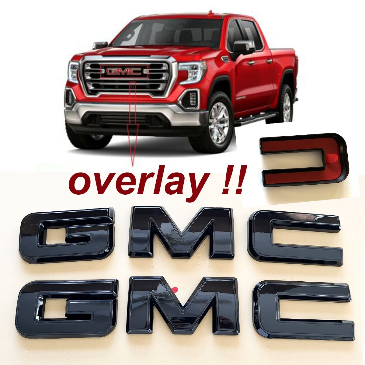 19-25 GMC Sierra 1500 2500 3500HD Front & Rear Gloss Black OVERLAY Emblem