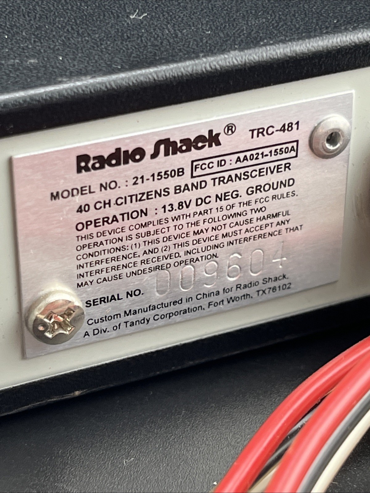 Realistic TRC-481 40 Channel 2 Way CB Radio-Untested