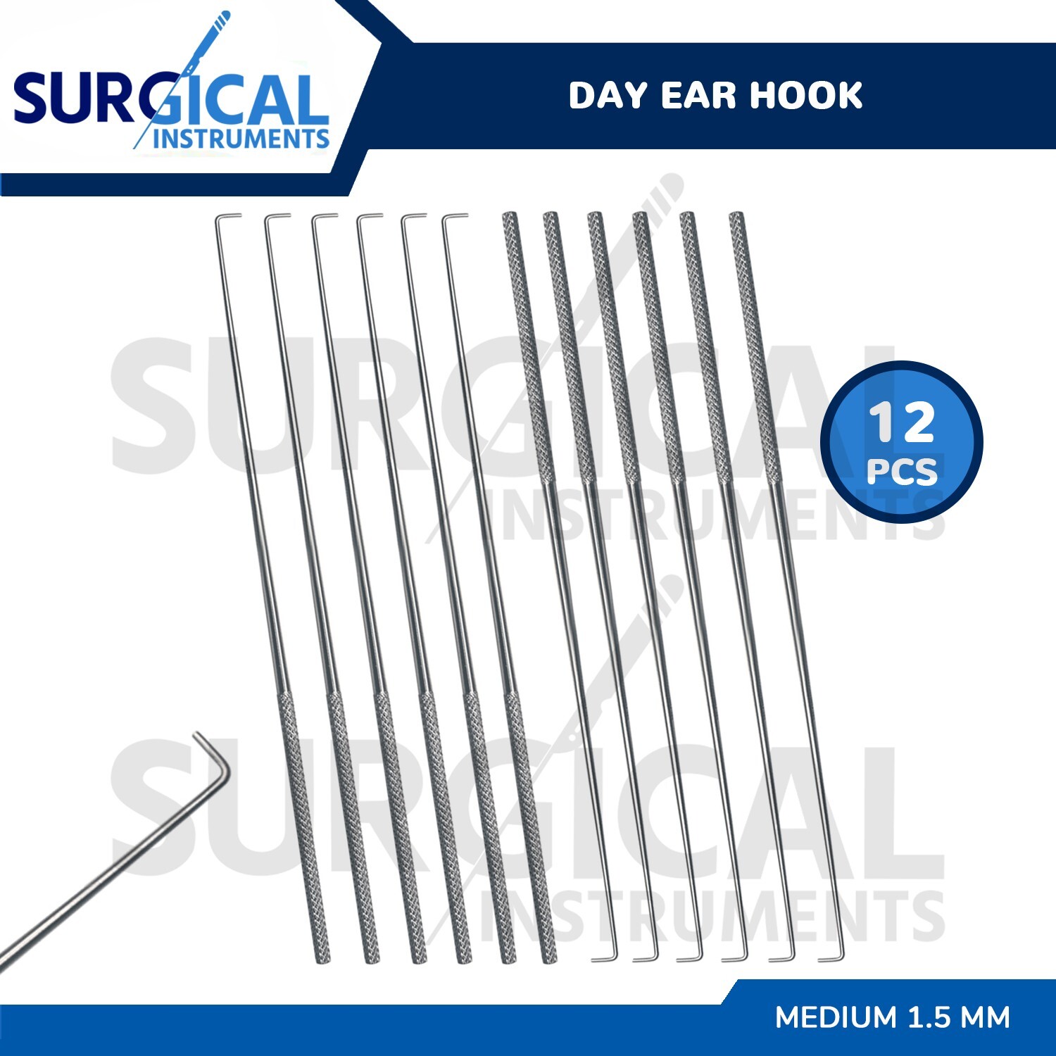 12 Pcs Day Ear Hook 6.5" Medium 1.5 MM ENT Surgical Instruments German Grade
