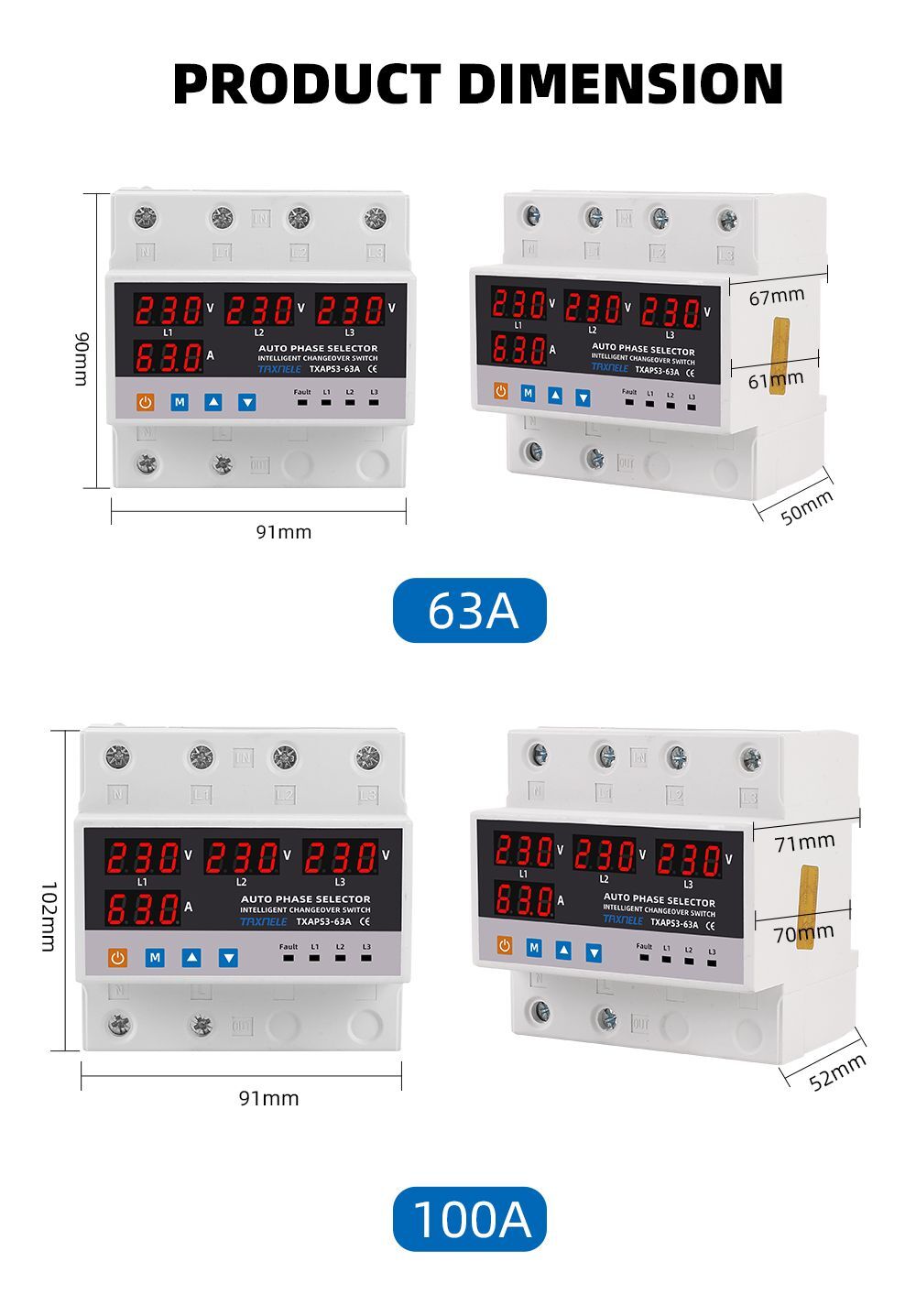 Automatic Transfer Switch Uninterrupted Power Phase Selector Changeover 63A 100A