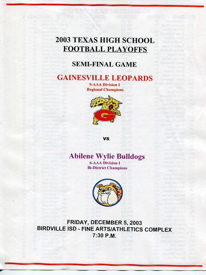 2003 Texas State AAA Semi Final Game Program Gainesville v Abilene Wylie Dec. 5
