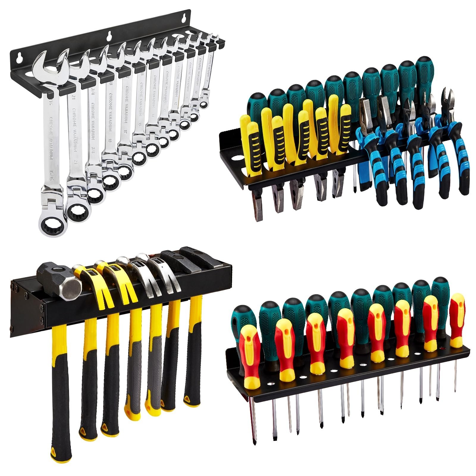 4Pcs Wall Mount Tool Organizer Set - Screwdriver, Wrench, Pliers & Hammer Rack f