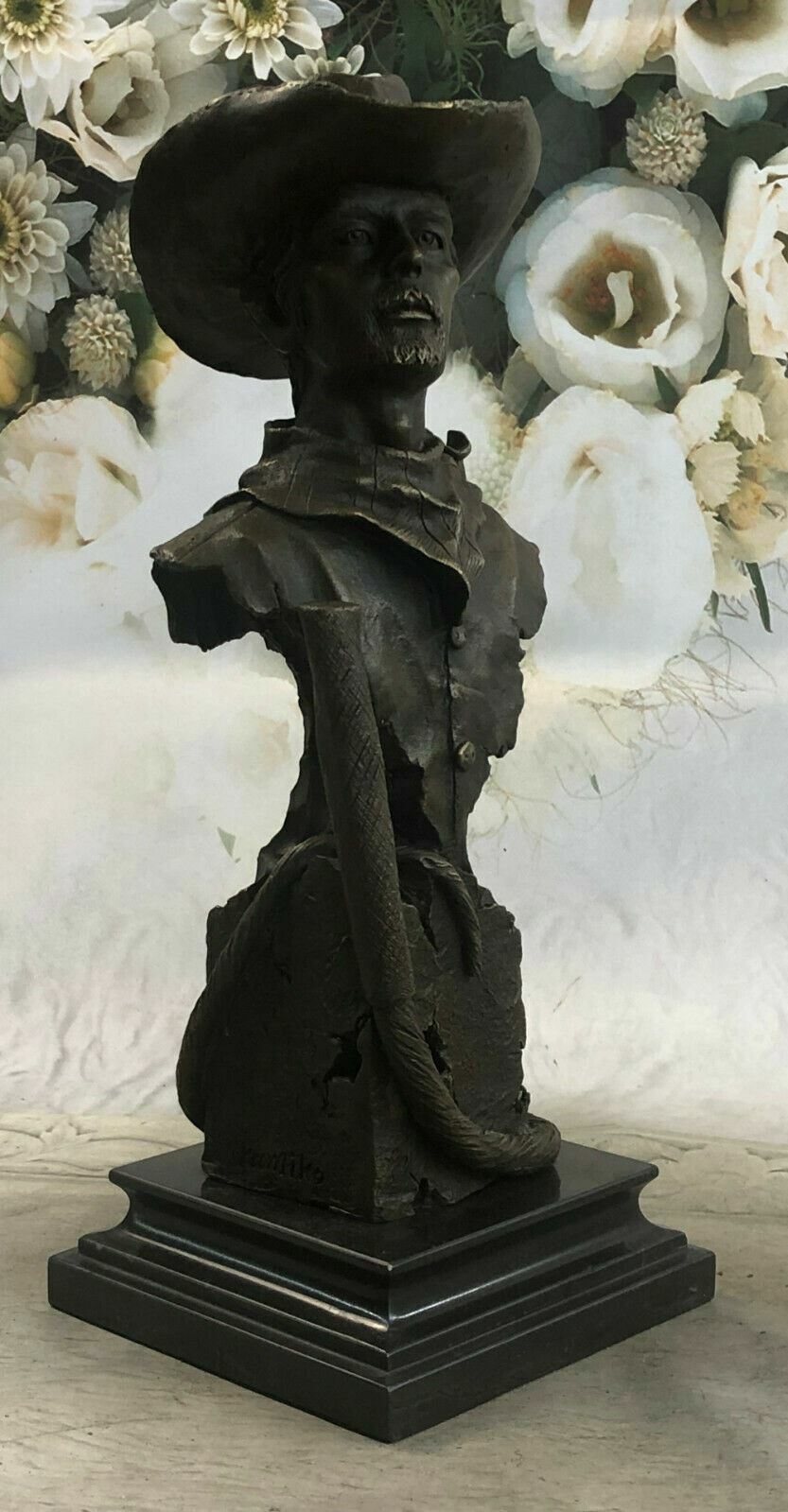 Western Art Old West Cowboy with Whip Bronze Sculpture Marble Base Statue Art NR
